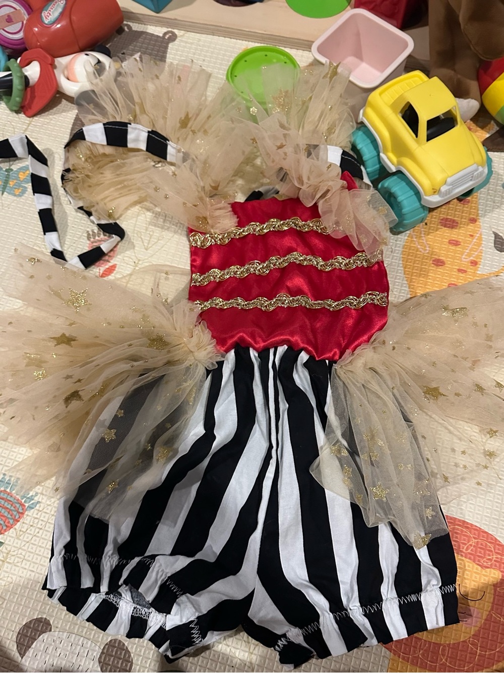 Girls' Red & Gold Circus shortall romper with Black-White Striped Shorts